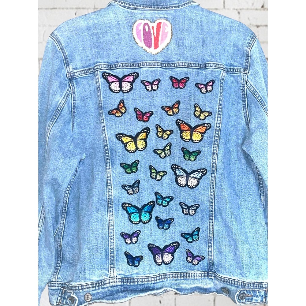 Rainbow Butterflies Pride Boho Festival Patch Denim Jean Jacket LGBTQIA+ sz. XL - Picture 2 of 9